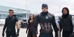 Hawkeye, Scarlet Witch, Captain America and Winter Soldier stand ready for battle in Captain America: Civil War.