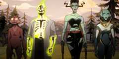 The Bride, Weasel, Doctor Phosphorus, and Nina Mazursky walk toward the castle in Creature Commandos