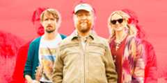 Herb McGwyer, Charles and Nell from the movie The Ballad of Wallis Island on a pink background