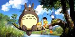 Satsuki, Mei, Totoro and their friends on a tree branch.