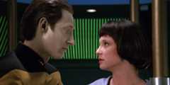 Data (Brent Spiner) and Lal (Hallie Todd) sharing an emotional moment in Star Trek: The Next Generation, "The Offspring."