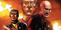 Captain Picard and Sulu fire phasers from Last Generation