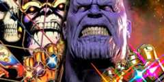 MCU and Marvel Comics Thanos wielding Infinity Gauntlet.