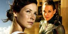 Evangeline Lilly looks off into the distance and prepares to fight as Wasp