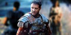 Russell Crowe as Maximus above blurred images of his dream where he reunites with his family in Gladiator (2000).