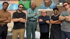 The casts of It's Always Sunny in Philadelphia and Abbott Elementary posing together in Rob McElhenney instagram post confirming a crossover episode.