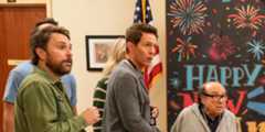 Charlie Kelly (Charlie Day), Dennis Reynolds (Glenn Howerton), and Frank Reynolds (Danny DeVito) in the Abbott Elementary & It's Always Sunny In Philadelphia crossover