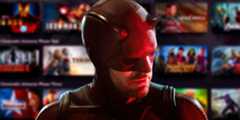 An image of Daredevil bathed in red light looking over his shoulder from Daredevil: Born Again (2025) above a blurred homepage of Marvel's Disney+ collection