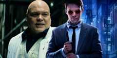 Matt Murdock holding his blind stick in Daredevil (2015-2018) next to Kingpin wearing his white suit in Echo (2024)
