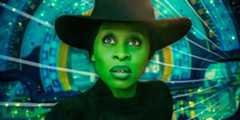 Cynthia Erivo as Elphaba looking up, surprised, in the Wicked movie