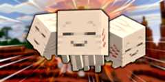 Three Happy Ghasts surrounded by a bursting pattern in an edited screenshot from Minecraft.