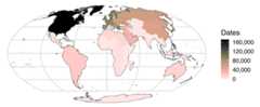 World map showing that the geographic coverage of published radiocarbon compilations is concentrated in North America and Europe
