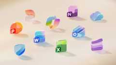 Image shows the logos of Microsoft 365 apps floating