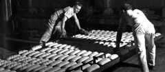 Workers lift trays of bread in a bakery