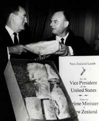 Ambassador to the US George Laking gives New Zealand lamb to US Vice-President Hubert Humphrey, 1966