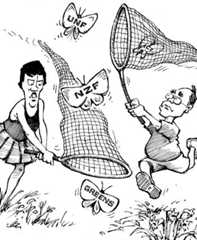 Helen Clark (Labour) and Don Brash (National) try to  catch coalition partners, 2005