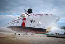 The USCGC Argus (WMSM 915), the first ship of the heritage class of medium endurance offshore patrol cutters, enters the water during a christening ceremony in Panama City, Florida, Oct. 27, 2023. The future offshore patrol cutters will complement the existing national security cutters and fast response cutters to carry out the nation's most critical maritime safety, security, and stewardship missions. (U. S. Coast Guard photo by Petty Officer 1st Class Brandon Giles)