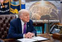 US President Donald Trump presenting the government's 'Golden Dome' missile defense plan at the Oval Office