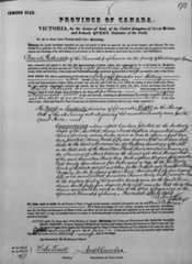 A black-and-white reproduction of an official Province of Canada document describing the exact location and size of the land grant.