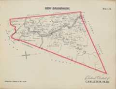 A black-and-white map of the Electoral District of Carleton, New Brunswick, with boundaries indicated in a thick red line.
