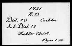 A handwritten title page in black ink, which reads: 1921, N.B. Dist. 48 Carleton, Sub. Dist. 13, Wicklow Parish. Pages 1–14.