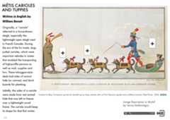 A page from the e-book with text in English on the left side and a lithograph of a snowy landscape with a man seated in a cariole (sled) pulled by three dogs in colourful coats. A man wearing a blanket and snowshoes is on the left in front of the dogs. A man holding a whip and wearing clothing associated with Métis culture (a long blue jacket, red leggings and an embellished hat) walks on the right-hand side of the sled. 