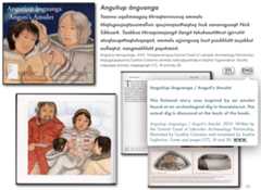 A page from the e-book that shows pages from a picture book, text written in Inuktut Qaliujaaqpait and English. 