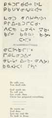 Page from a book showing a facsimile with 11 rows of handwritten syllabics in black. Two horizontal lines divide the top seven and the lower four rows. There are 10 rows of English sentences typed in black in the lower third of the page. Two horizontal lines divide the top six and the bottom four rows.