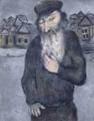 Painting of an elderly man with a long white beard and dark cap, wearing a black coat, standing with one hand to his chest against a background of small houses under a gray sky.