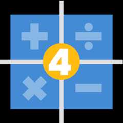 numeral four in the center of grid with four sections, displaying the mathematics operators for addition, subraction, multiplication, division