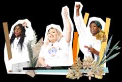 three feminine people standing together raising their fists triumphantly