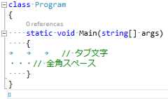 C# は全角スペースを空白文字として受け付けます(Visual Studio のスクリーン キャプチャ画像)