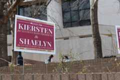 Texas State Student Government candidates election signs advertise elections, Monday, Feb. 20, 2023, at Alkek Library stairs.&#160;