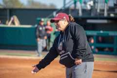 Texas State softball Head Coach Ricci Woodard during the Texas Tech game, Sunday, Feb. 18, 2024, at Bobcat Softball Stadium. 