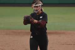 Texas State junior pitcher Emma Strood (25) pitching against Troy, Friday, April 18th, 2025 at Bobcat Softball Stadium.