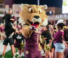 Boko boogies down with the latest Bobcat cohort to join the Texas State family during Fandemonium at UFCU Stadium on Wednesday, Aug. 20, 2025.