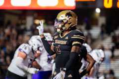 Texas State junior cornerback Khamari Terrell (4) prepares for a play during the football game against James Madison University, Tuesday, Oct. 28, 2025 at UFCU Stadium. James Madison won 52-20.
