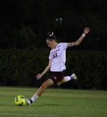 Texas State senior defender Angela Gatto Going to kick the ball defending the ball from the opposite team, At Bobcat soccer complex October 18, 2025T Texas State won 6-1.