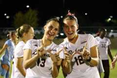 Texas State soccer players Chloe Jones (13) and Kennley Bradley (12) pose for a picture following Texas State's victory over Southern Miss, Saturday, Oct. 18, 2025. 