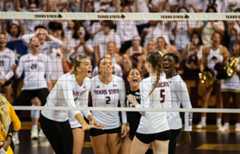 The Texas State volleyball team celebrates a point against Arizona State, Thursday, Sept. 11, 2025, at Strahan Arena. Arizona State won 3-2.