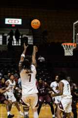 Texas State junior guard Dimp Pernell (7) shoots the ball during the men's basketball game vs Little Rock Trojans, Friday, Nov. 21, 2025 at Strahan Arena. The Bobcats won 65-56.