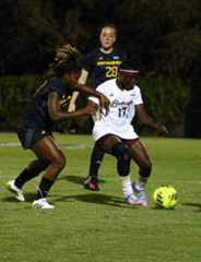 Texas State junior forward Constance Agyemang passes the ball, Saturday, October 18, 2025. Texas State won 6-1. 