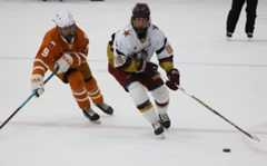 Texas State sophomore Forward Frederik Chagnon with the puck, Nov. 22, 2025, at Northwoods Ice Center, Texas State lost 3-0.