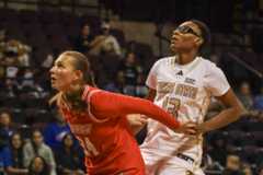 Texas State junior guard Taleiyah Gibbs (13) looks at the basket after a shot Monday, Nov. 17, 2025, at Strahan Arena. The Bobcats lost 77-65 against UTRGV.