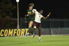 Texas State senior forward Mady Soumare (9) battling for possession against the Baylor Bears during the first round of the NCAA Tournament, Friday, Nov. 14, 2025, at Betty Lou Mays Field in Waco, Texas. The Bears won 3-0.