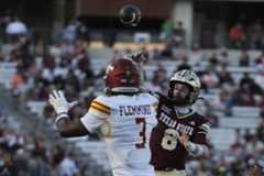 Texas State freshman quarterback Brad Jackson (8) throws a pass against Louisiana-Monroe, Saturday, Nov. 22, 2025, at UFCU Stadium. Texas State won 31-14.