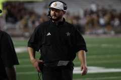 Texas State Football Head Coach G.J. Kinne on the sideline during game against Nicholls State, Saturday, Sept. 20, 2025 at UFCU Stadium. The Bobcats won 35-3.