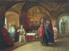 erem of the Tsarevnas, by M.P. Klodt, 1878. Painting depicting the terem in a medieval royal household. Photo in public domain.