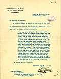 1919 - English: Declaration of the US Government welcoming the Unification of Serbs, Croats and Slovenes (Kingdom of Yugoslavia) signed by Robert Lansing, United States Secretary of State