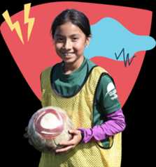 Girl holding a worn red and white soccer ball, wearing layered shirts and a yellow mesh jersey, in front of colorful graphic shapes.